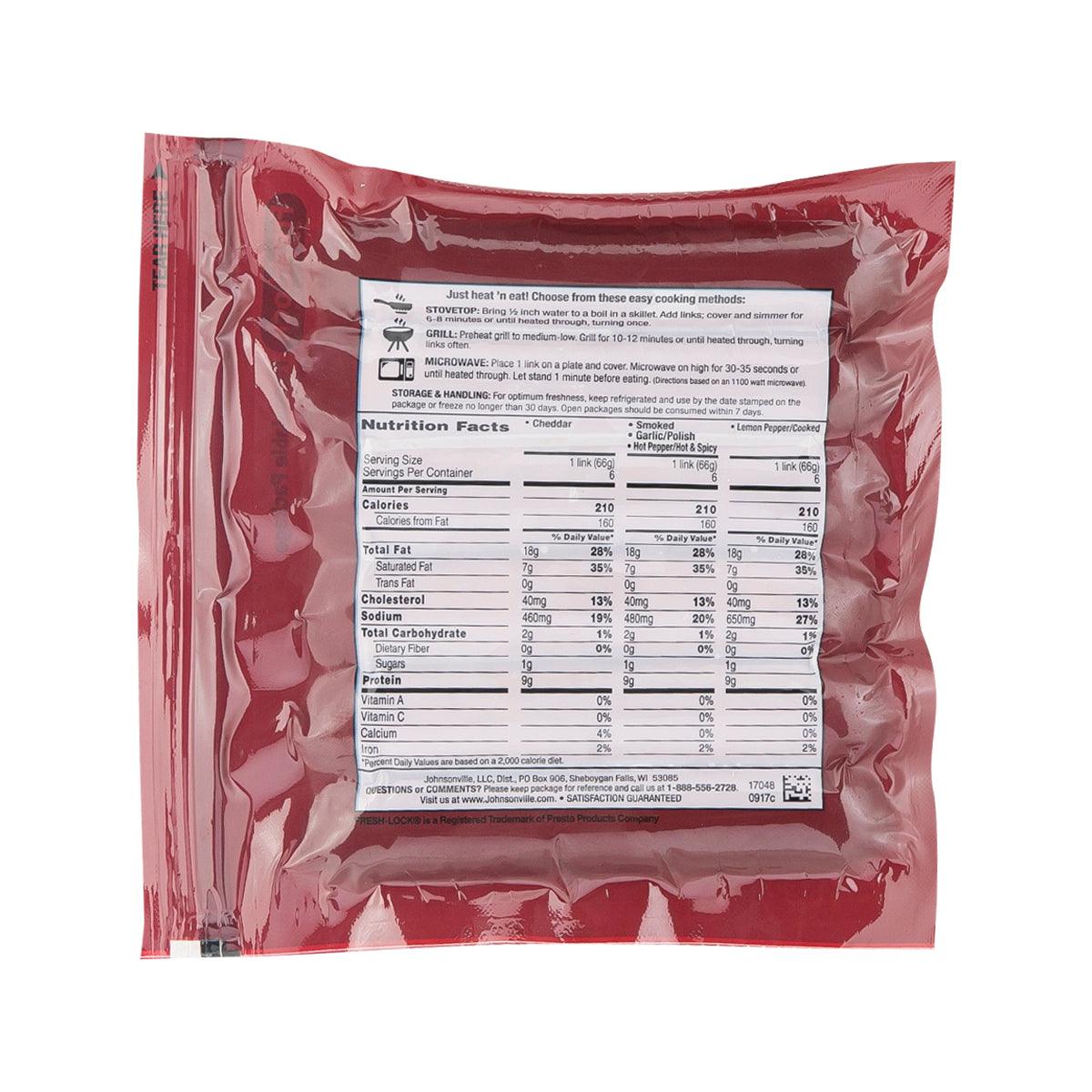 Johnsonville Hot & Spicy smoked sausage pack back with Nutrition Facts panel