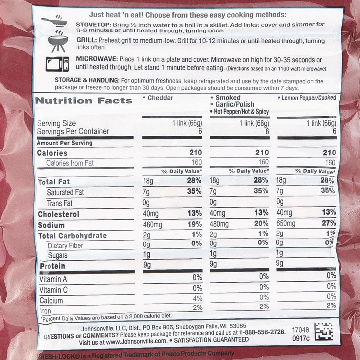 Nutrition Facts label for Johnsonville Hot & Spicy smoked sausage, serving size 1 link