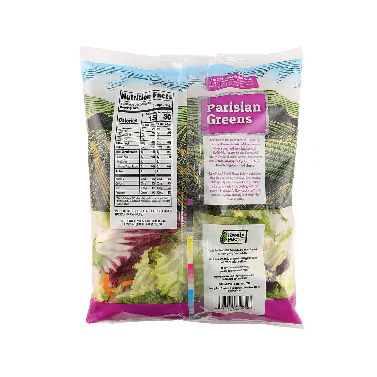 Ready Pac Parisian greens salad bag back with Nutrition Facts and ingredients