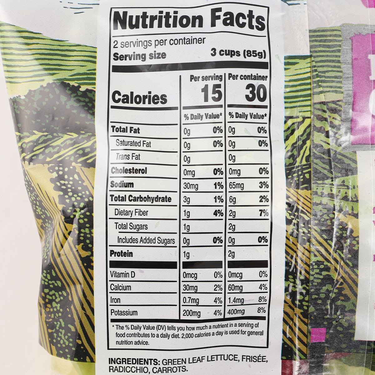 Nutrition Facts panel on Parisian greens salad bag with serving calories
