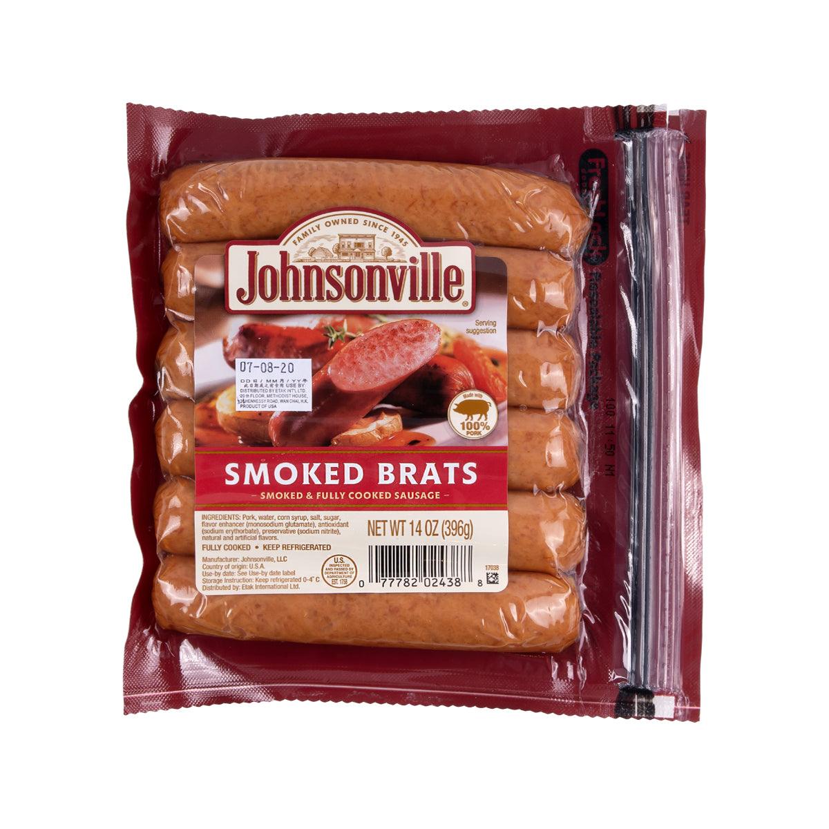 Johnsonville Smoked Brats sausage pack in sealed bag, net wt 14 oz (396 g)