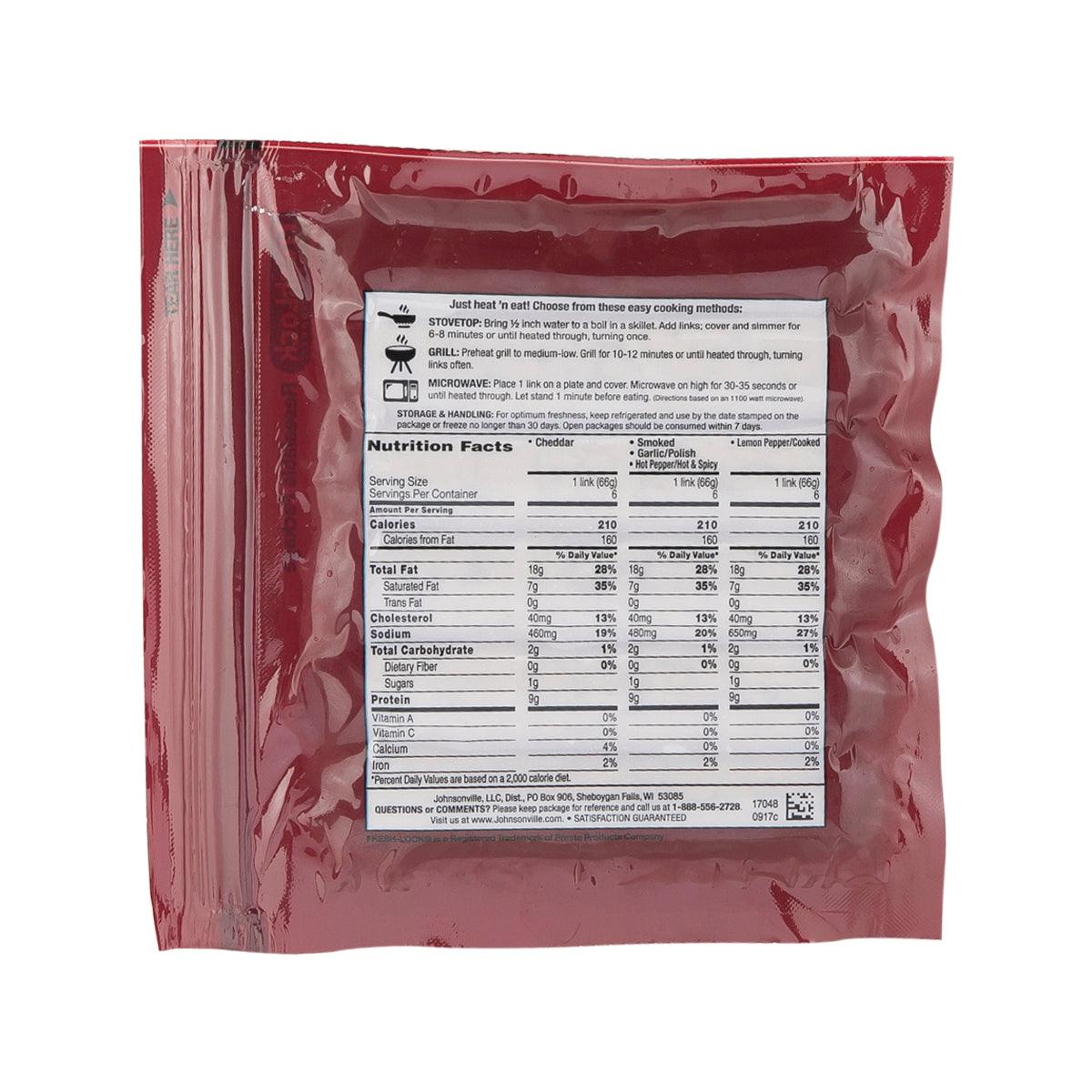 Sealed JOHNSONVILLE bratwurst package back with nutrition label
