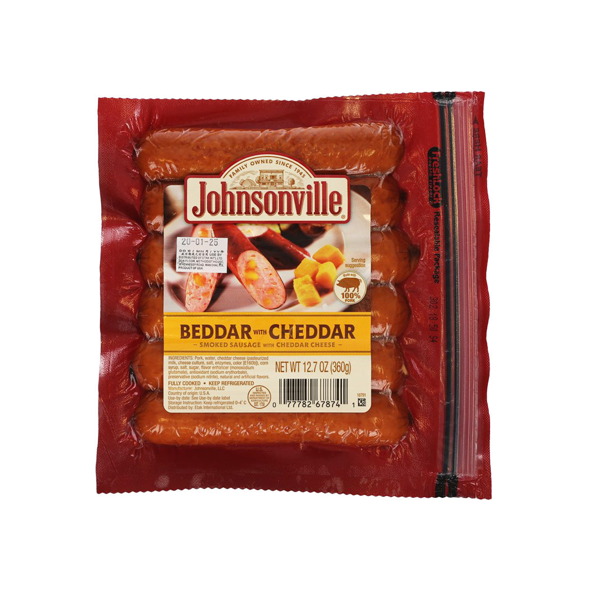 Johnsonville Beddar cheddar smoked sausage in red vacuum-sealed package, front label