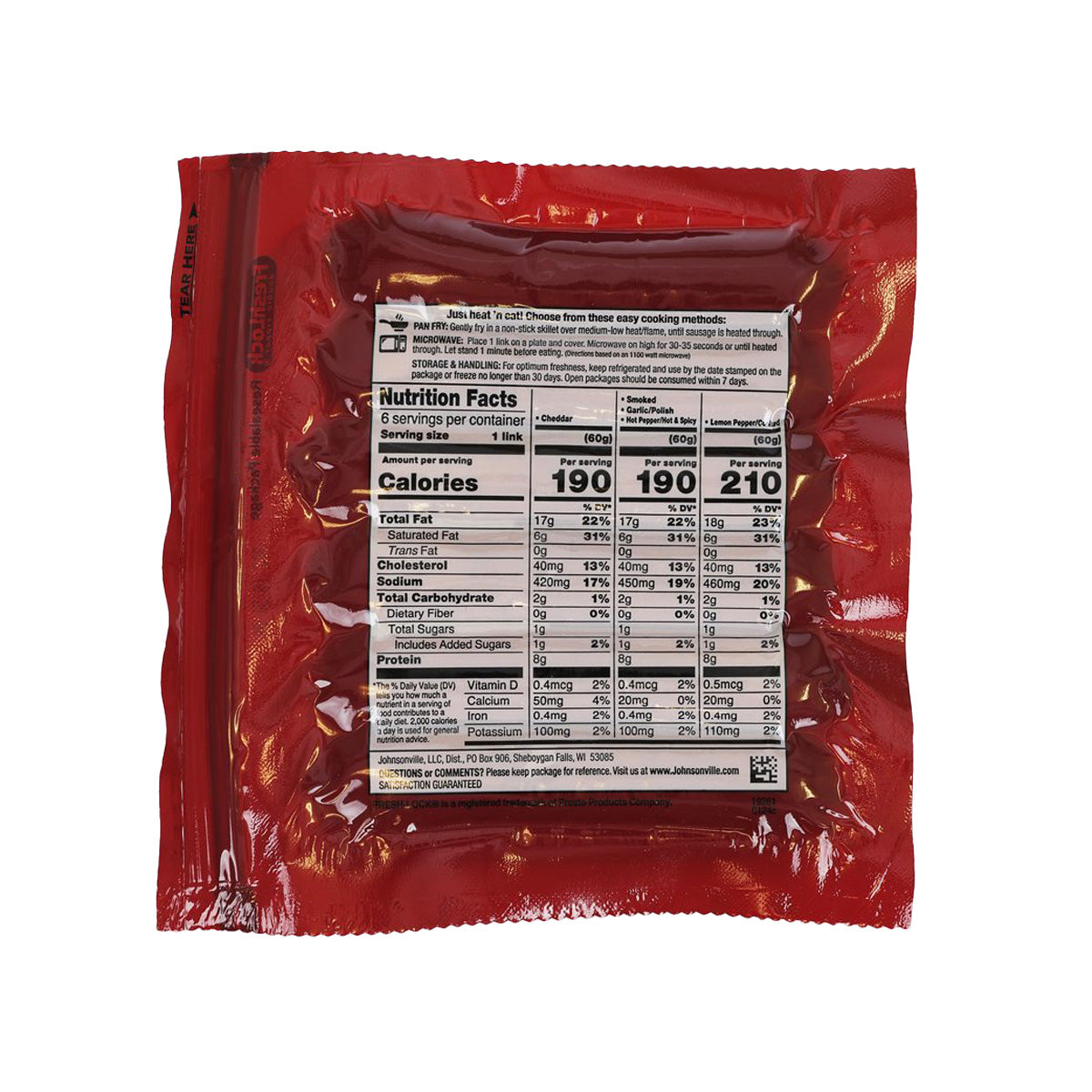 Johnsonville Beddar cheddar smoked sausage package, back with Nutrition Facts panel