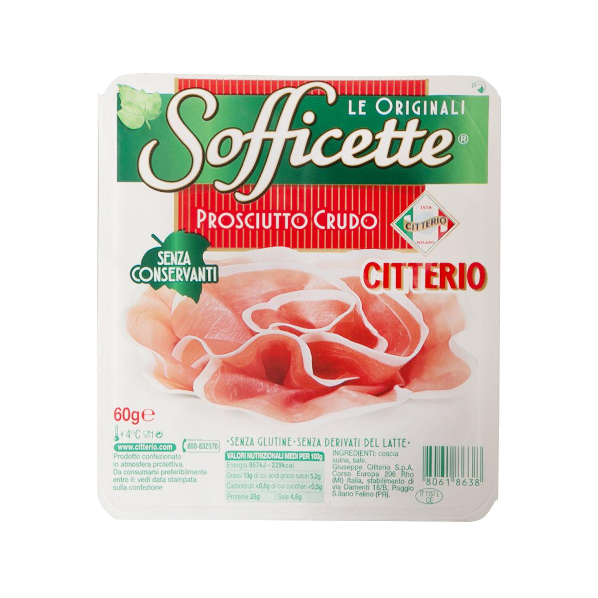 CITTERIO Sofficette Prosciutto crudo ham package, 60g, sliced meat shown on front