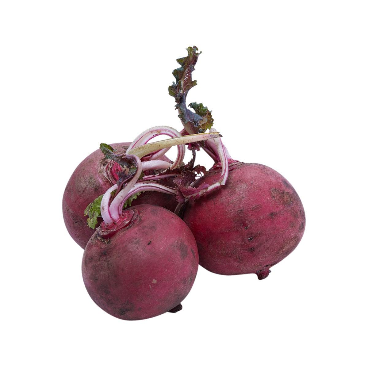Fresh cherry radishes with purple-red bulbs, roots, and leafy tops