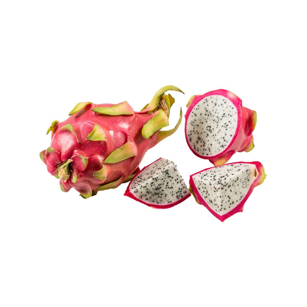 Dragon fruit (520g), whole fruit and sliced halves with pink skin and white seeds