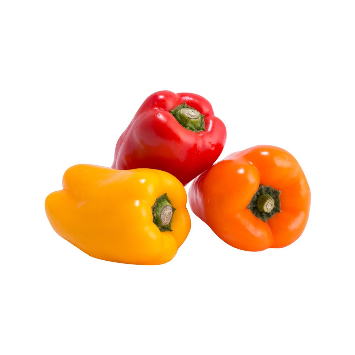 Mixed bell peppers: red, orange, and yellow bell peppers on stems
