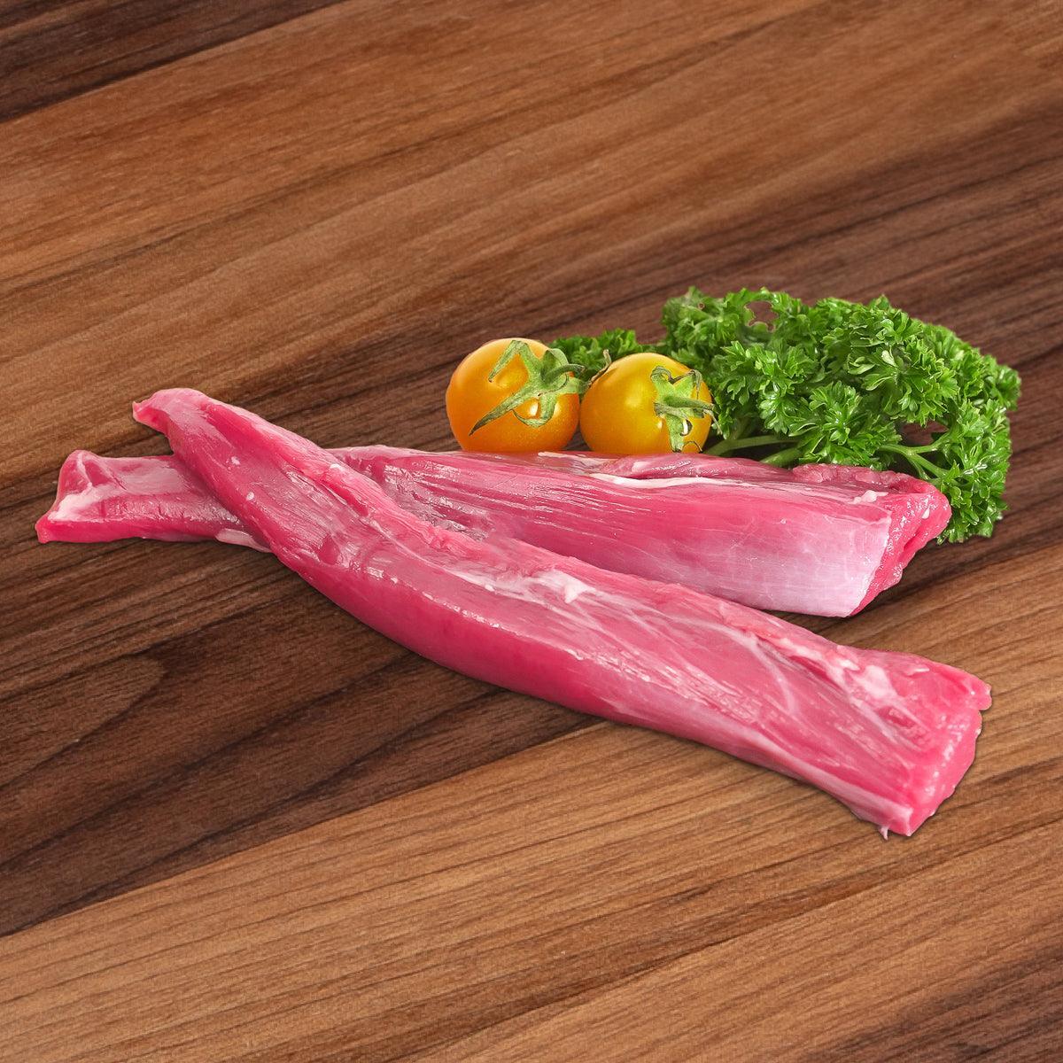 Raw pink lamb tenderloin cuts, two pieces, chilled 200g