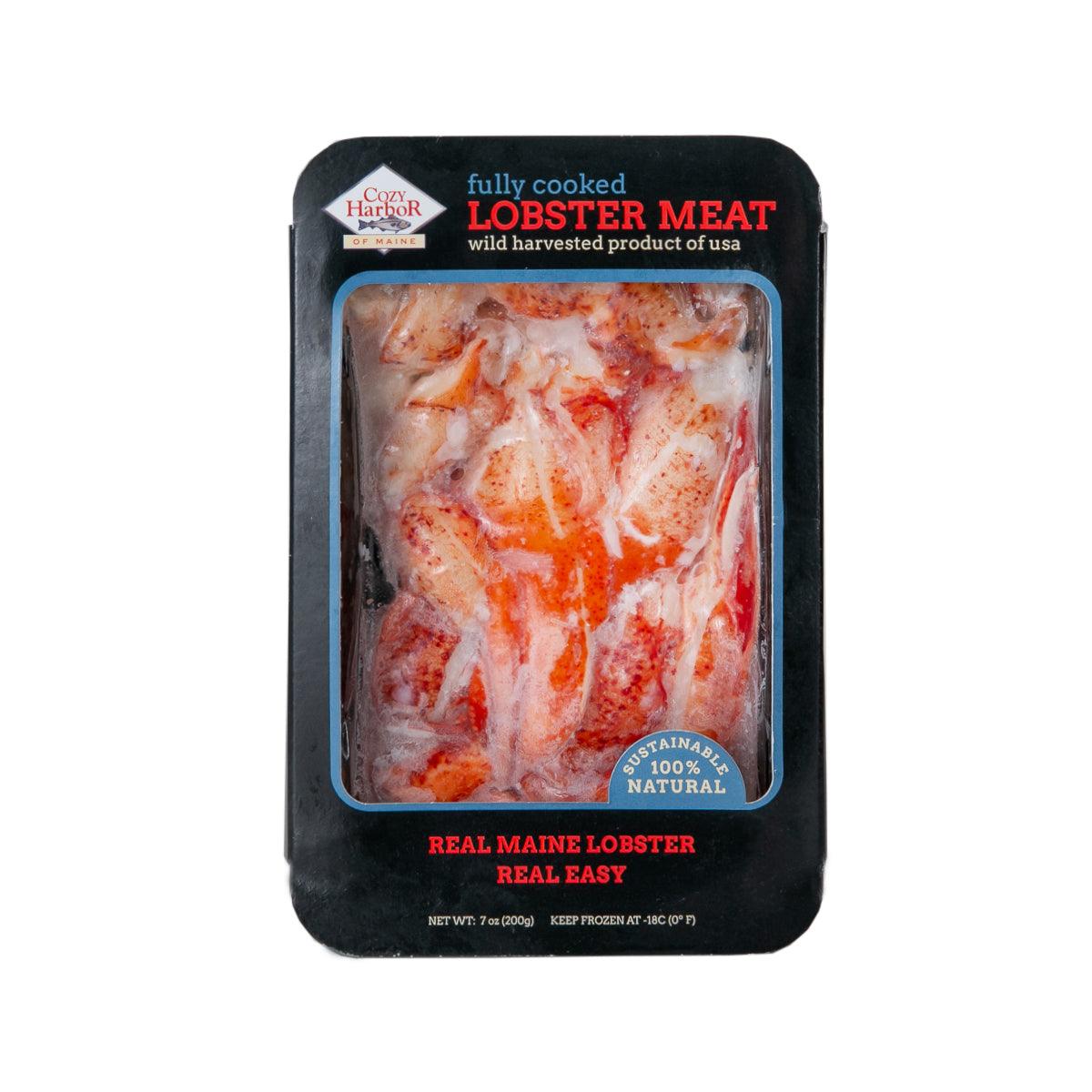 Fully cooked lobster meat pouch with clear front window, red and white lobster chunks