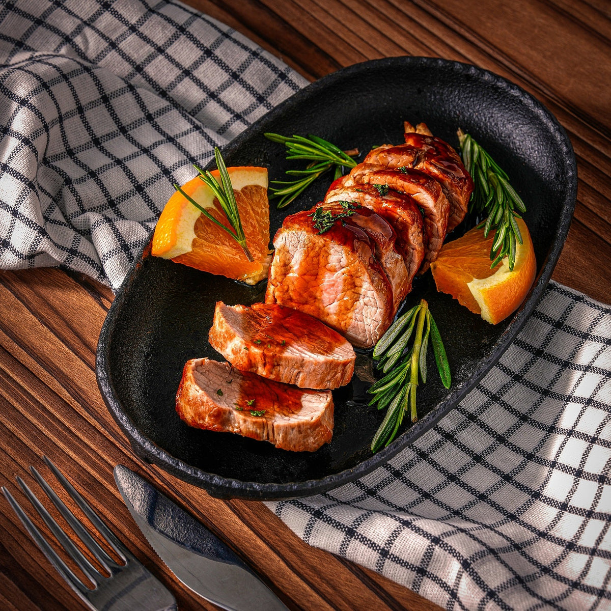 Cooked Danish pork tenderloin slices with rosemary and orange wedges in skillet.