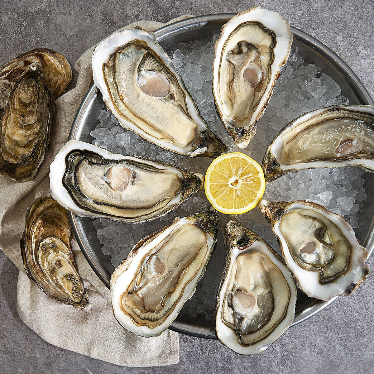 Tray of Fine de Claire oysters, assorted shells, lemon slices on ice