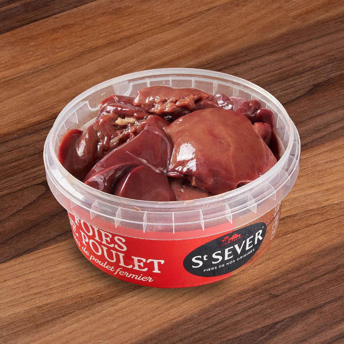 Chilled chicken liver in clear plastic tub with red label
