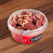Chilled chicken hearts in clear plastic tub