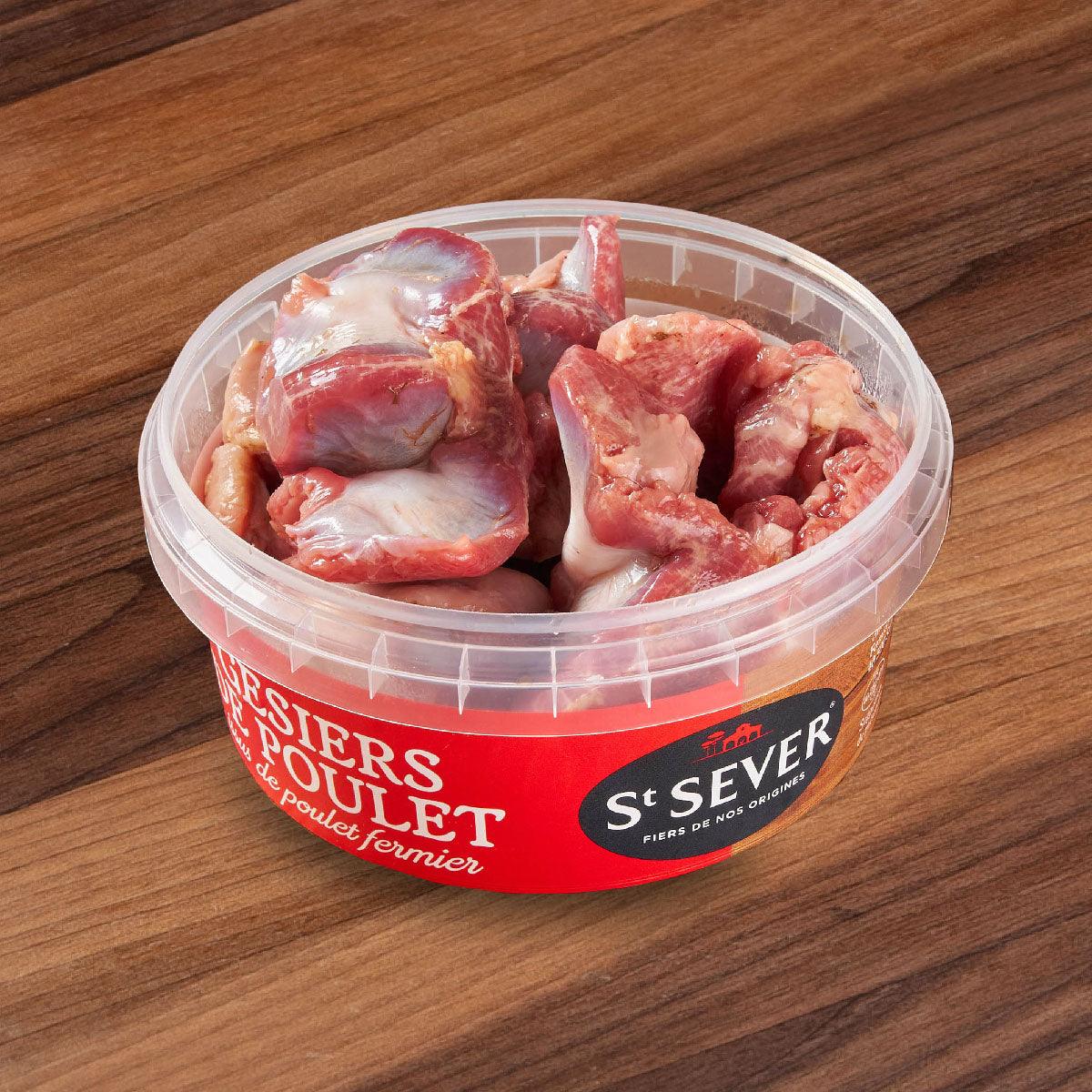 Chilled chicken gizzards in St Sever plastic tub, visible pieces