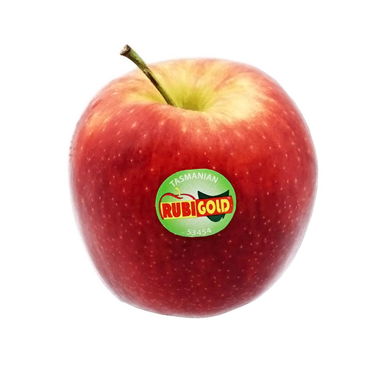 Rubigold apple, red and yellow speckled skin with green stem and brand label