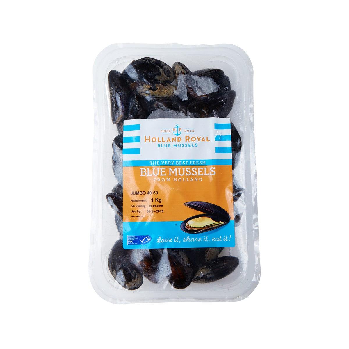 Packaged live blue mussels in clear plastic tray, dark shells visible