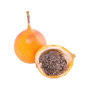 Yellow granadilla (passion fruit), whole orange fruit and halved fruit with seeds