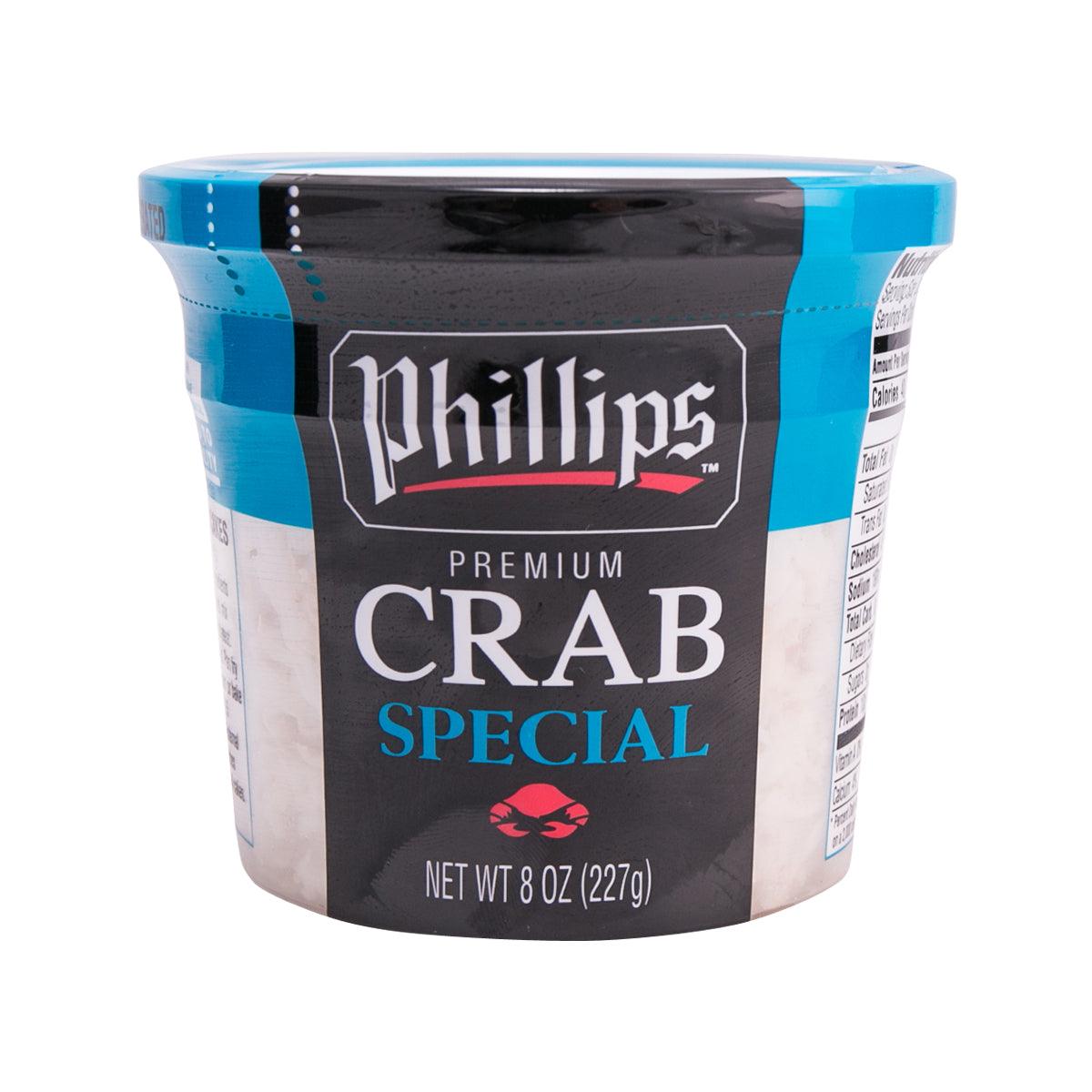 PHILLIPS Premium Crab Special 227g tub, blue-and-black label front.