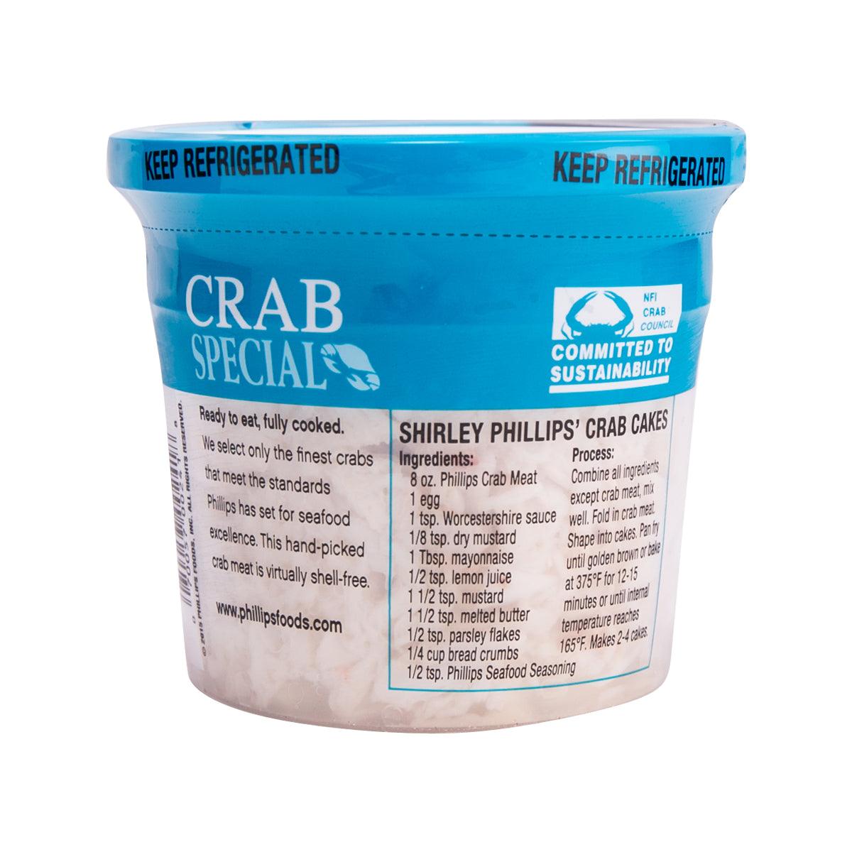 PHILLIPS Crab Special tub back with ingredients and serving instructions.