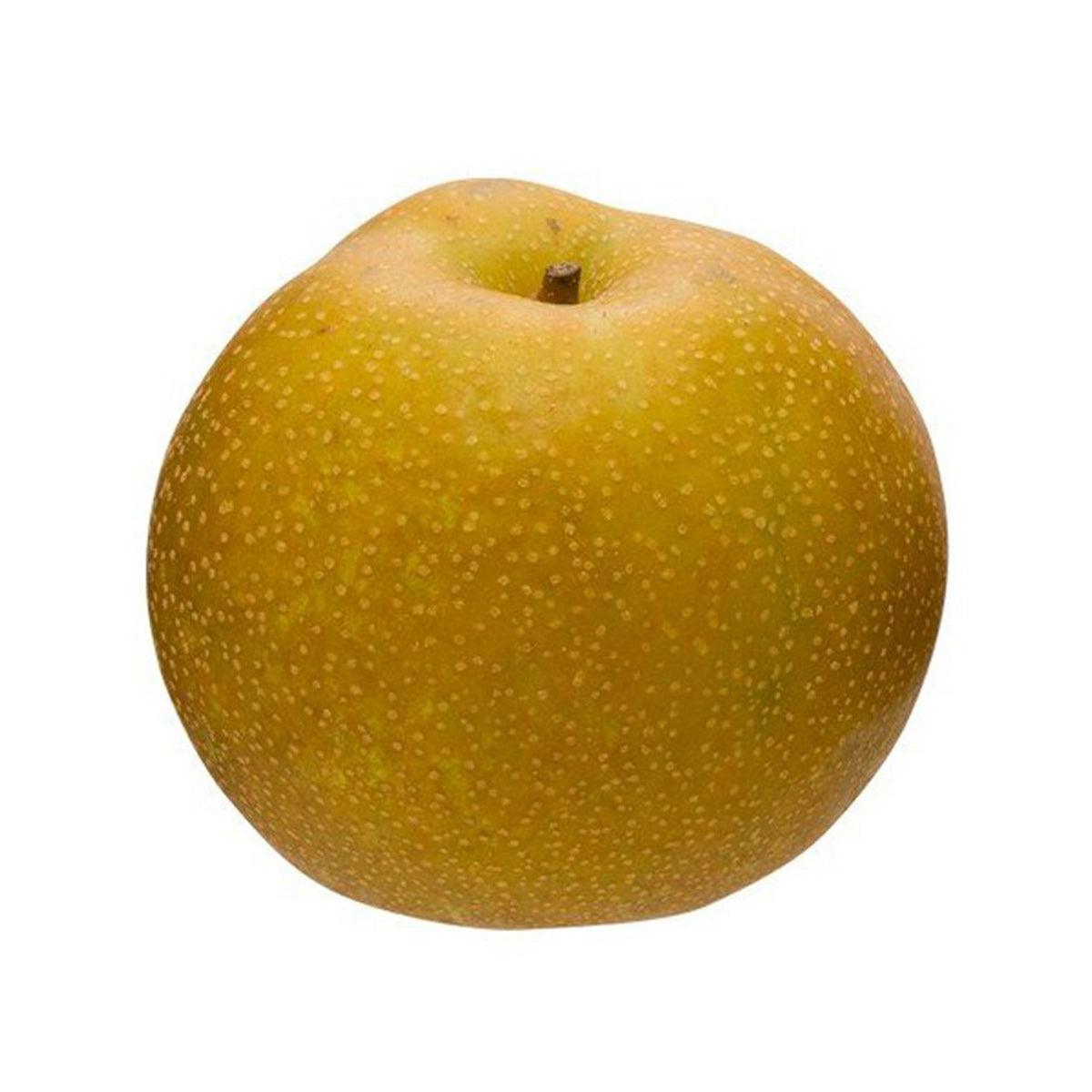Kousui Japanese pear, round yellow-green fruit with short stem