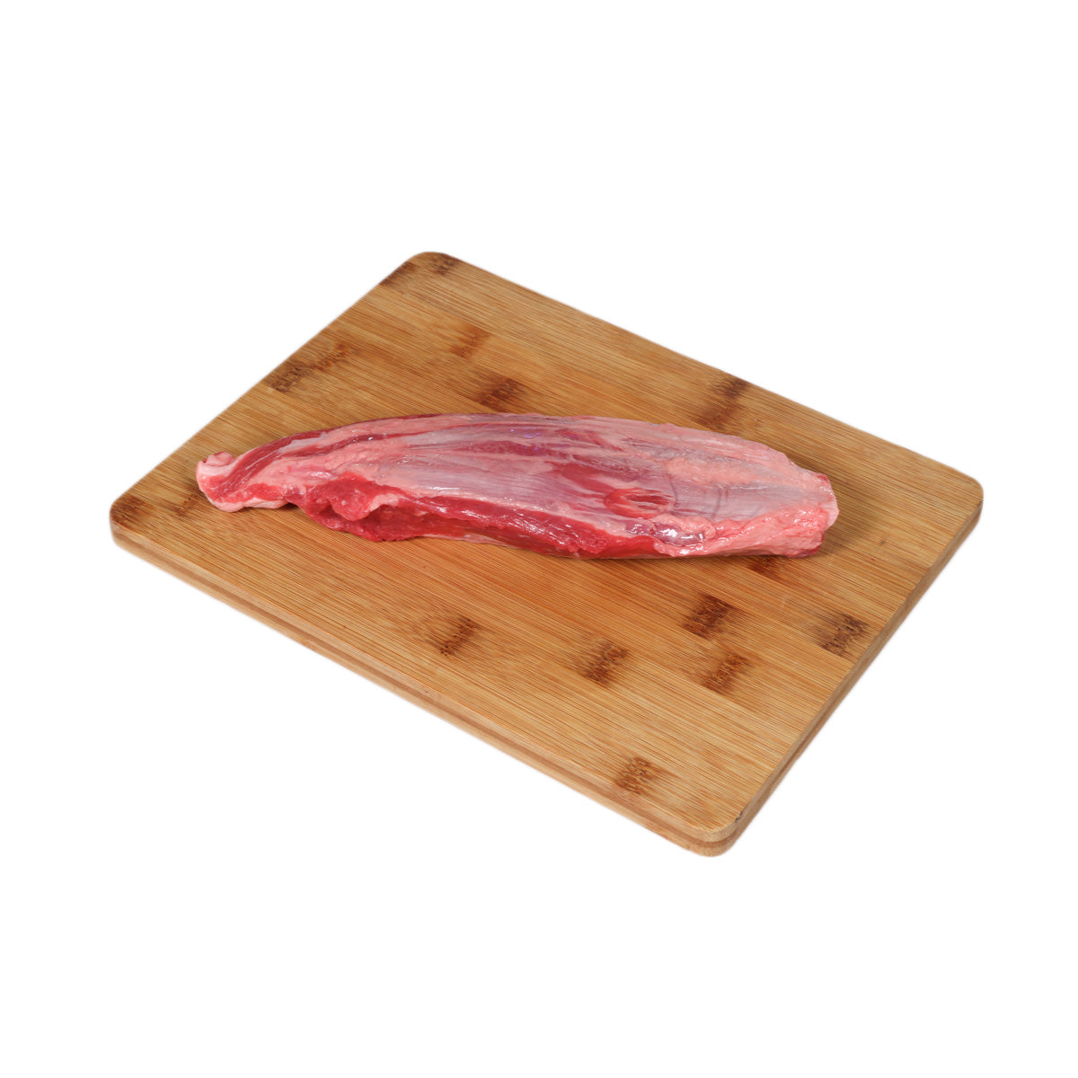 Organic beef shin steak on bamboo board, pink-red surface with white fat