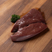 Previously frozen veal liver, two maroon slices