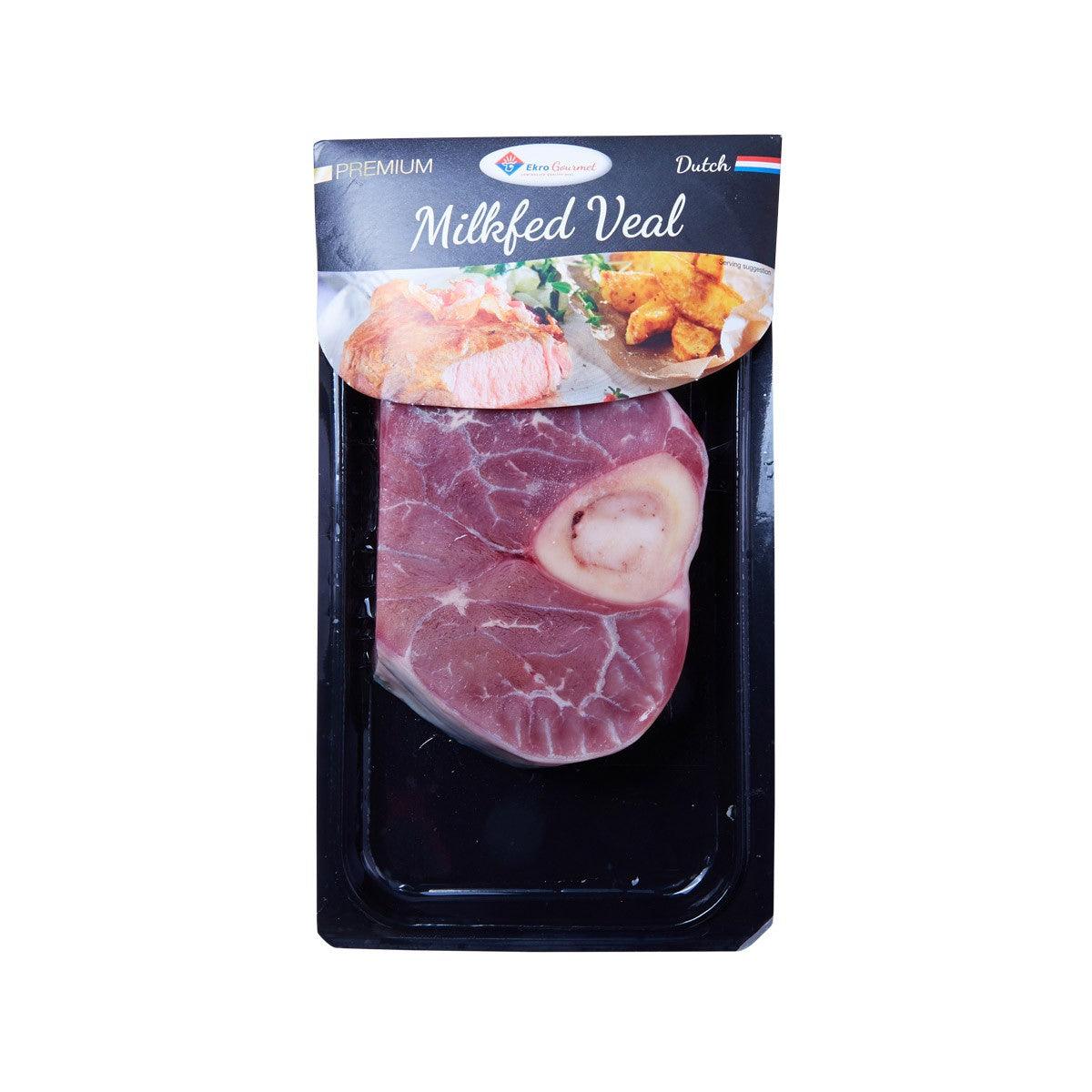 Packaged frozen veal shank ossobuco in sealed tray, milk-fed premium