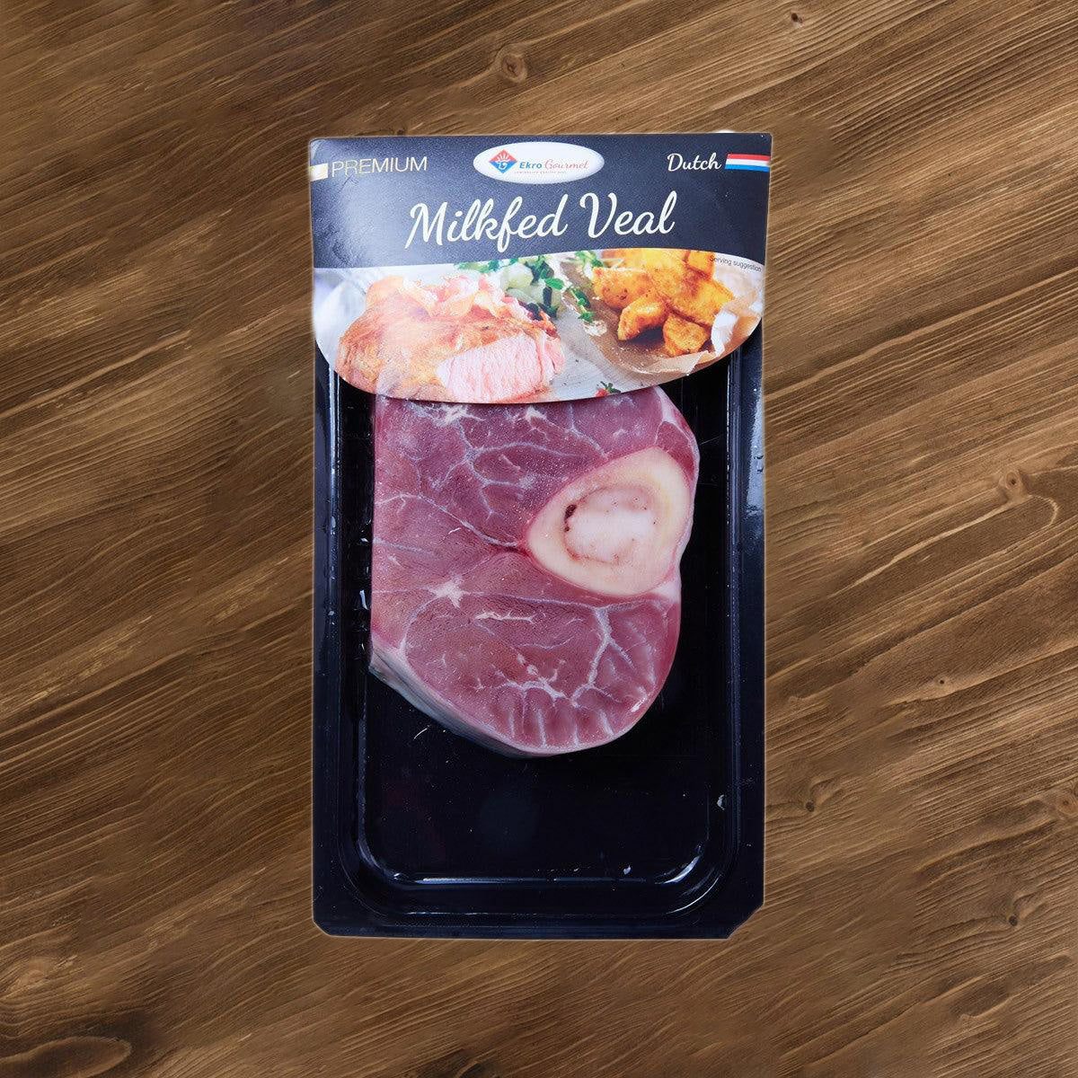 Frozen veal shank ossobuco in sealed tray package, premium milk-fed