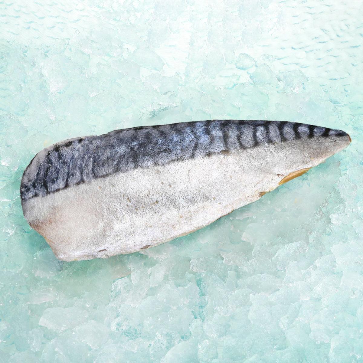 Frozen Norwegian mackerel fillet, skin-on with dark gray striping on flesh side