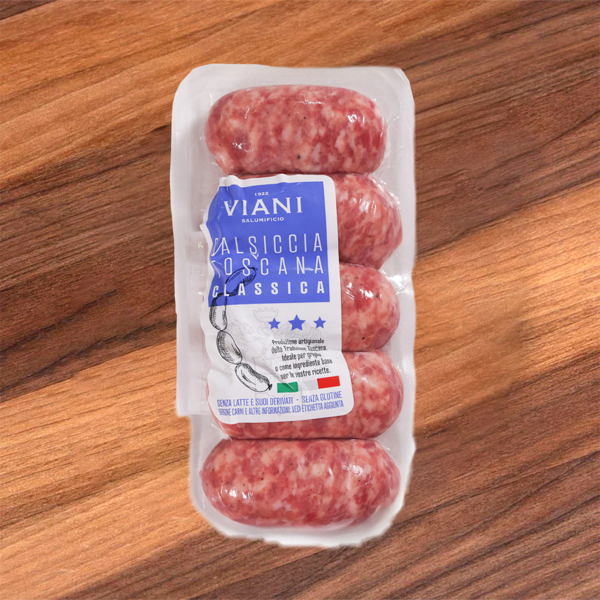 Italian chilled pork sausage pack: 4 red sausages in clear plastic tray with label