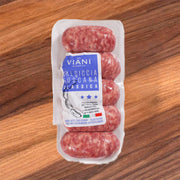 Italian chilled pork sausage pack: 4 red sausages in clear plastic tray with label