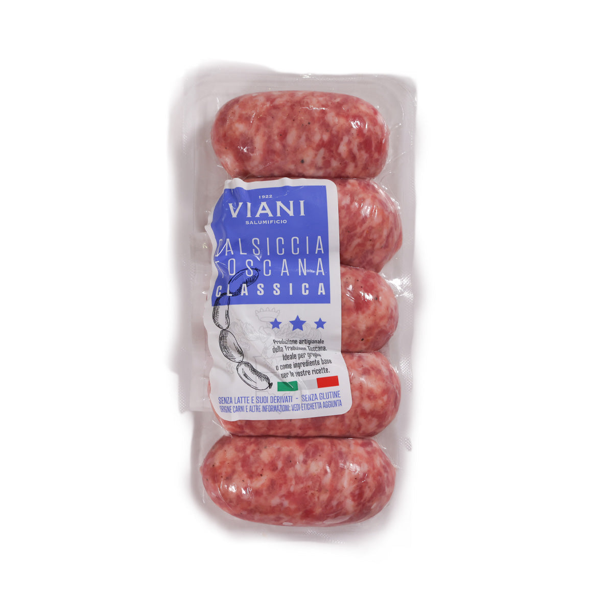 Italian chilled pork sausage pack: 4 red sausages in clear plastic tray, front label