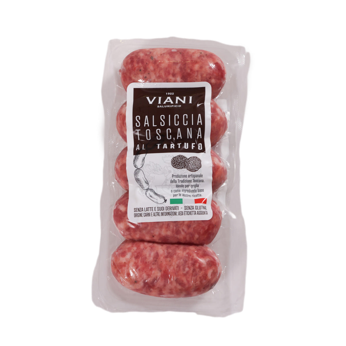 VIANI Tuscan truffle pork sausage pack with two sliced links, front label visible