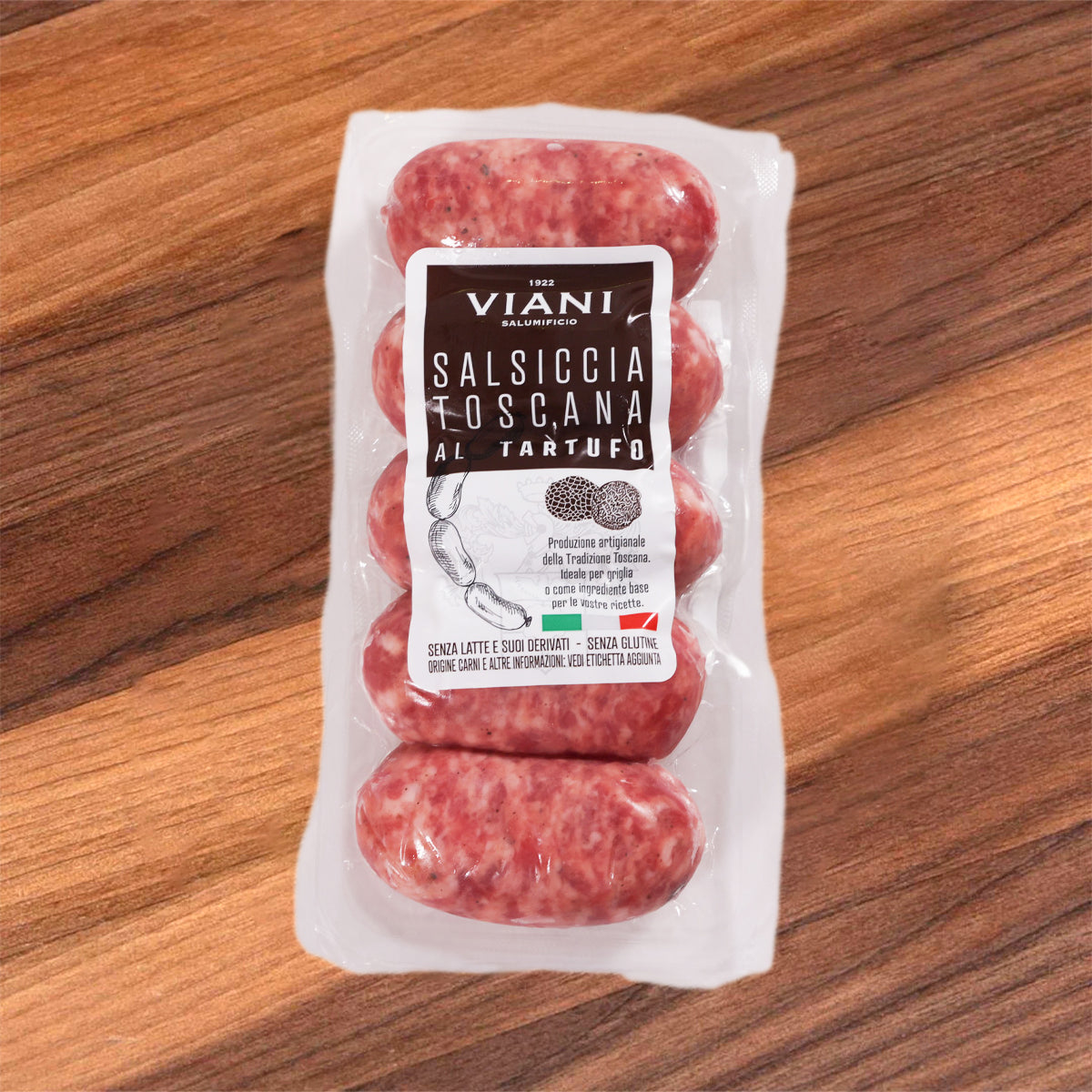 VIANI Tuscan truffle pork sausages, two in clear pack with label