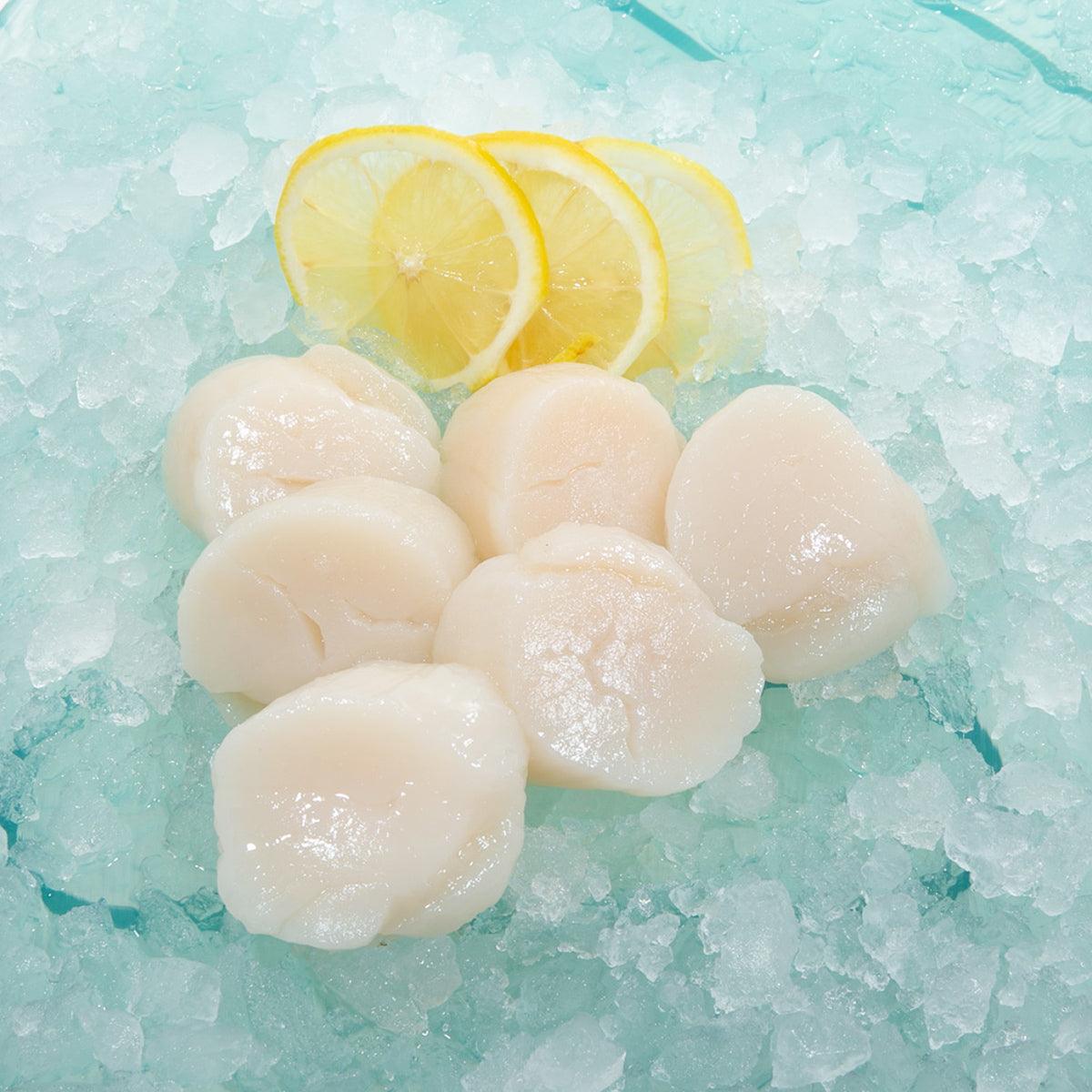 Frozen scallop meat pieces for cooking, served on ice with lemon slices