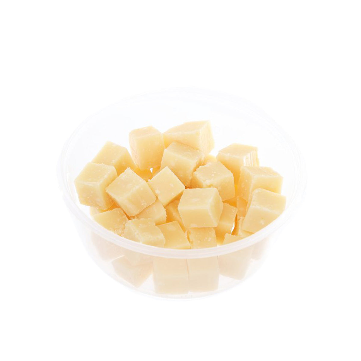 Parmigiano Reggiano hard cheese cubes in clear plastic container, close view