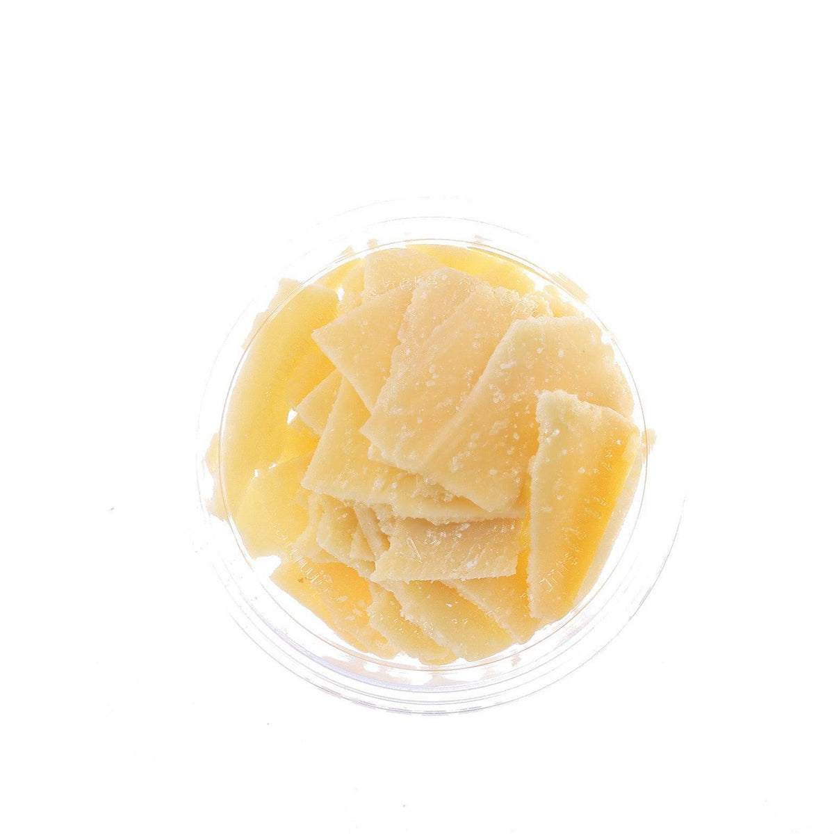 Snack-size hard cheese wedges in clear round container, pale yellow