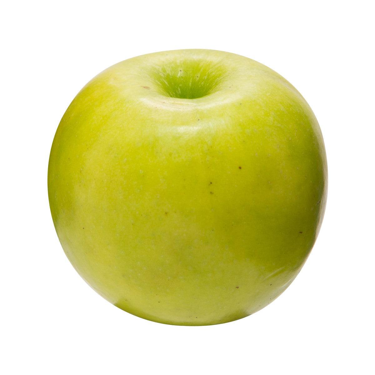 Whole green Granny Smith apple, stem cavity visible