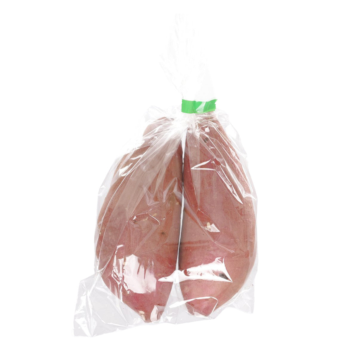 Sweet potatoes in clear plastic bag, red-skinned