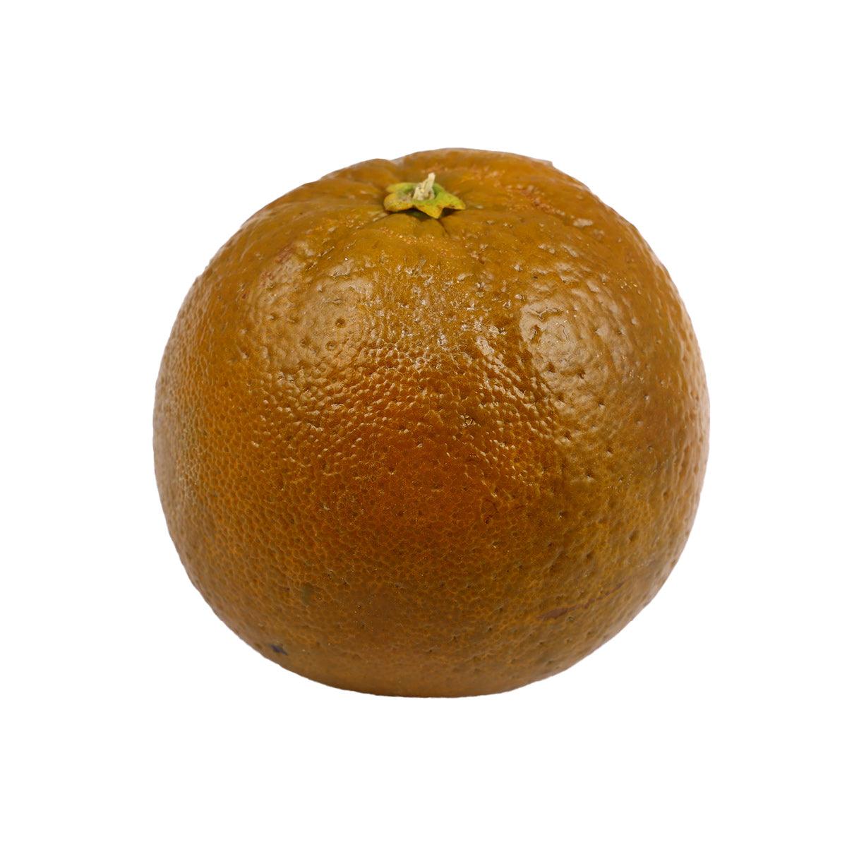 Navel orange fruit with textured golden-brown skin and a small stem