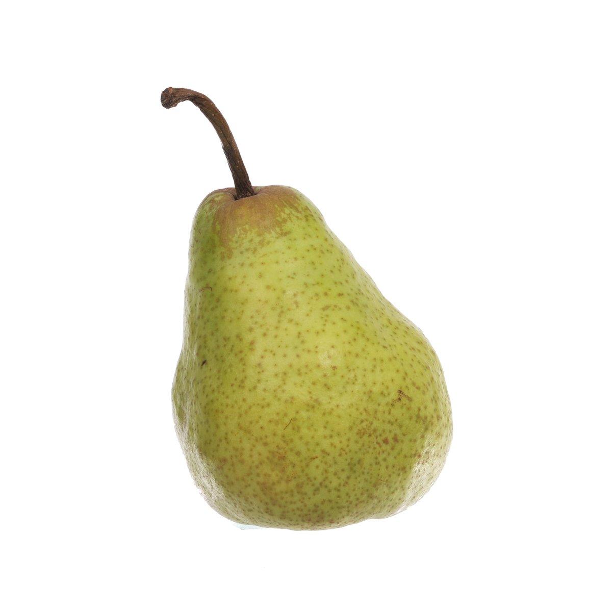 Belgian Conference pear, green-yellow with speckled skin and brown stem