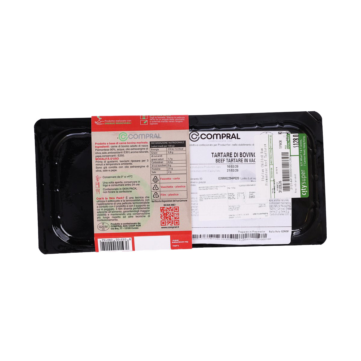 Chilled raw beef tartare package back label on black plastic tray.