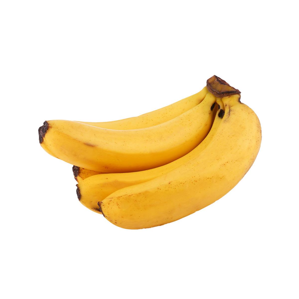 Bunch of ripe yellow bananas with brown stem ends