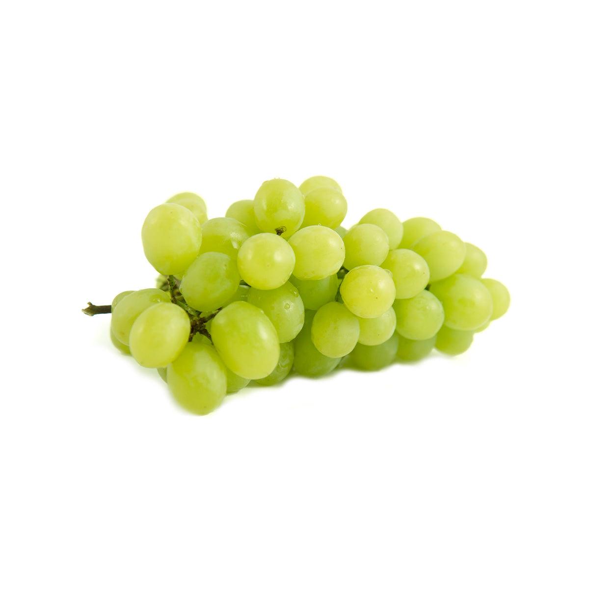 Green seedless grapes bunch, sweet globe variety, with stems