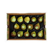 Organic green fig gift box with open cardboard tray of whole figs, green and yellow