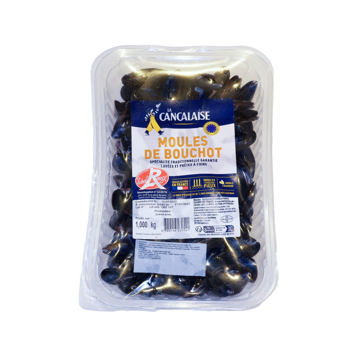 Live blue mussels in clear plastic tub with LA CANCALAISE label, 1 kg