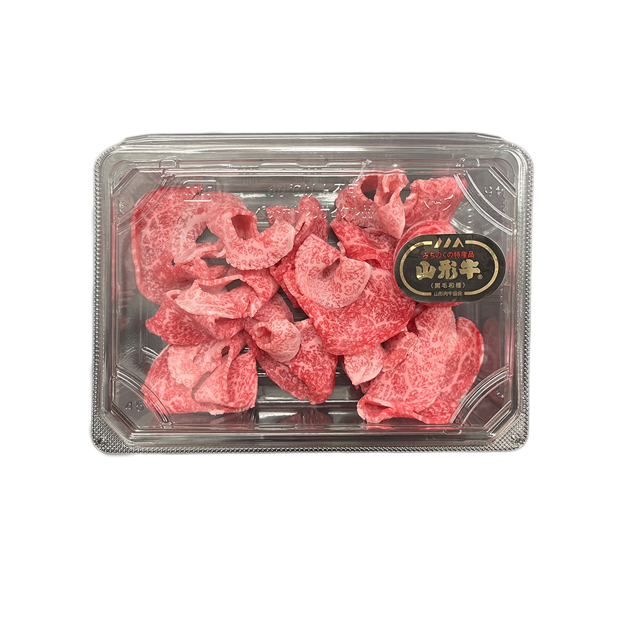 Marbled wagyu beef kiriotoshi in clear tray, red sliced beef with marbling