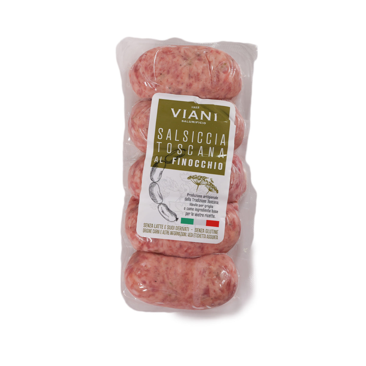 Sealed VIANI pork sausage pack with fennel, clear plastic casing and label