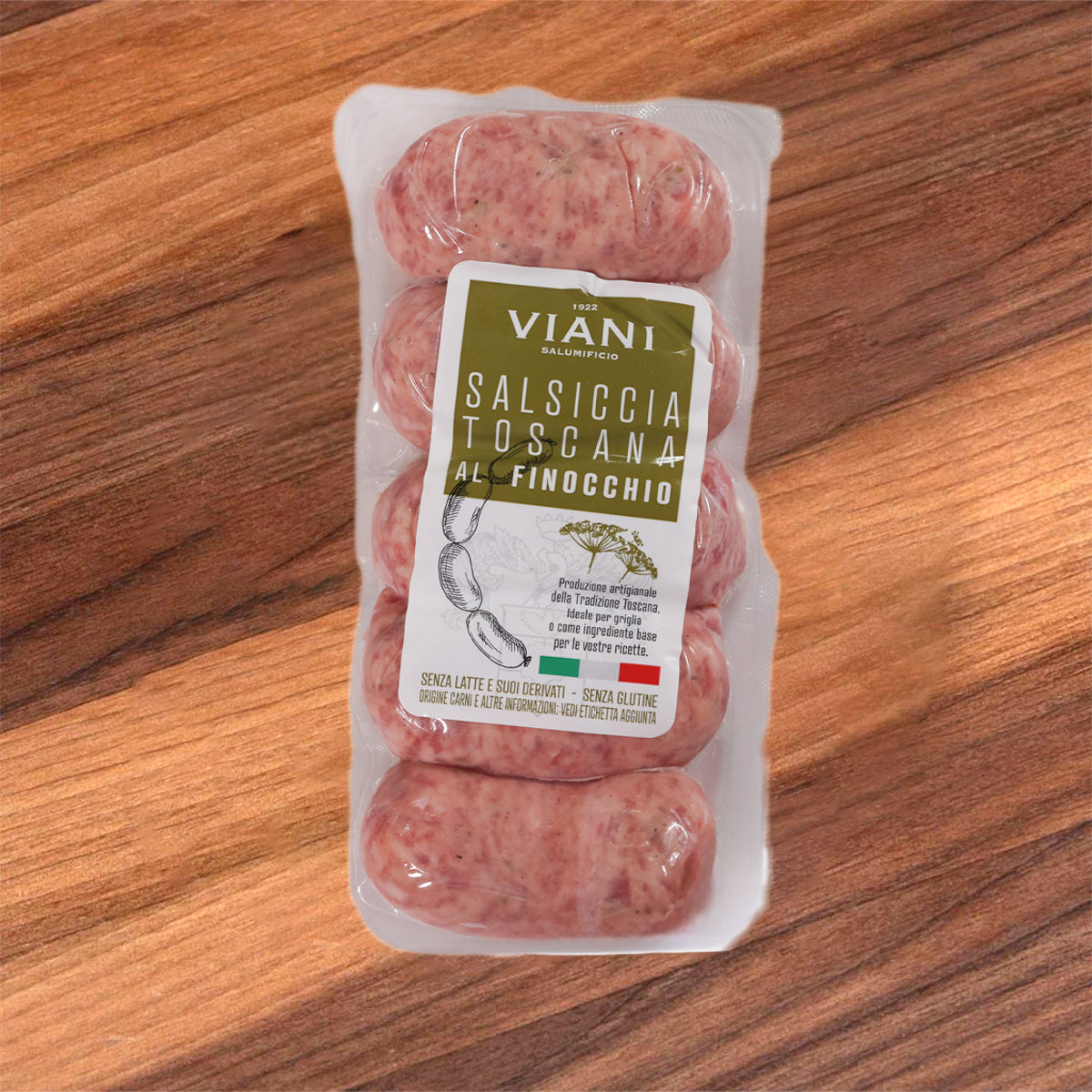 Pack of VIANI Italian pork sausages with fennel, sealed in clear plastic
